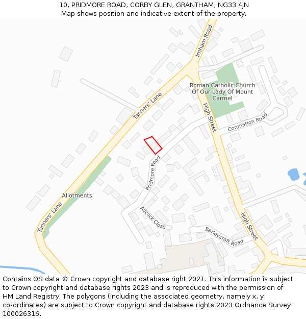 10, PRIDMORE ROAD, CORBY GLEN, GRANTHAM, NG33 4JN: Location map and indicative extent of plot