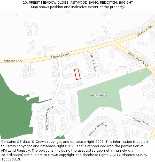 10, PRIEST MEADOW CLOSE, ASTWOOD BANK, REDDITCH, B96 6HT: Location map and indicative extent of plot