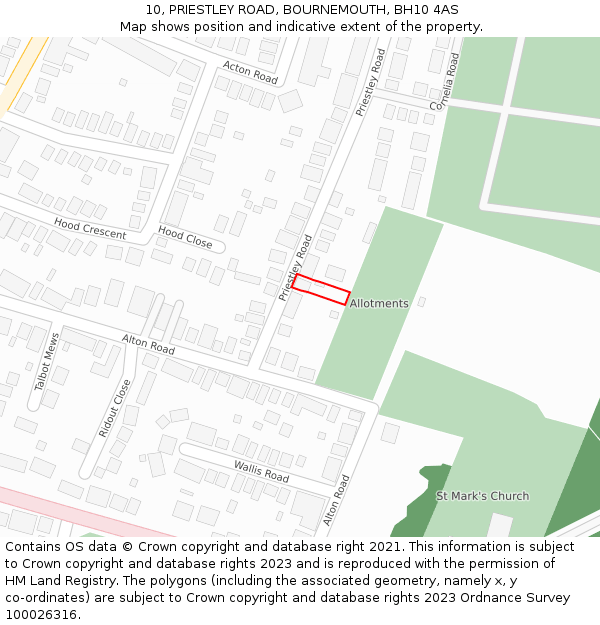 10, PRIESTLEY ROAD, BOURNEMOUTH, BH10 4AS: Location map and indicative extent of plot