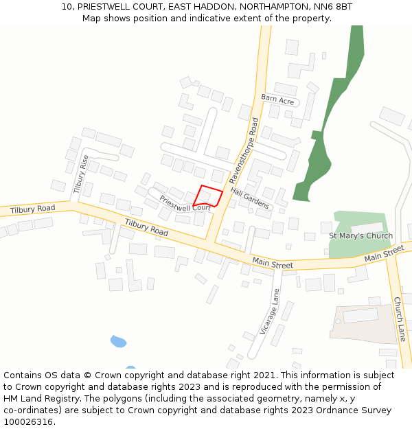 10, PRIESTWELL COURT, EAST HADDON, NORTHAMPTON, NN6 8BT: Location map and indicative extent of plot