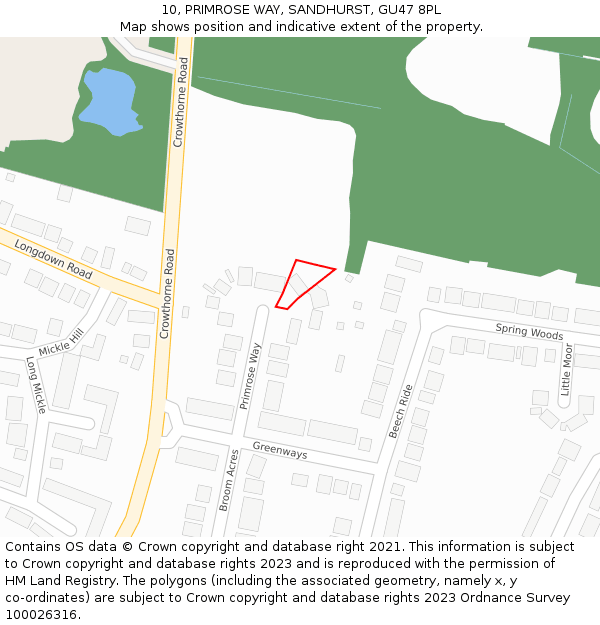 10, PRIMROSE WAY, SANDHURST, GU47 8PL: Location map and indicative extent of plot