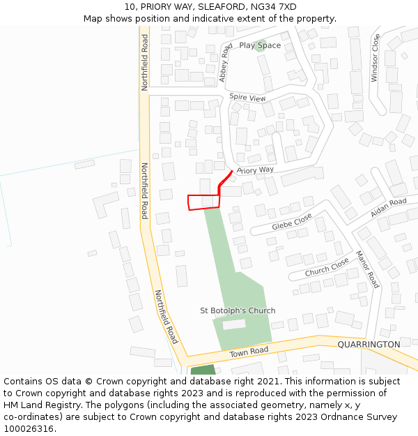 10, PRIORY WAY, SLEAFORD, NG34 7XD: Location map and indicative extent of plot
