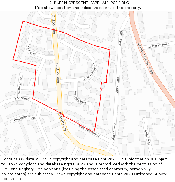 10, PUFFIN CRESCENT, FAREHAM, PO14 3LG: Location map and indicative extent of plot