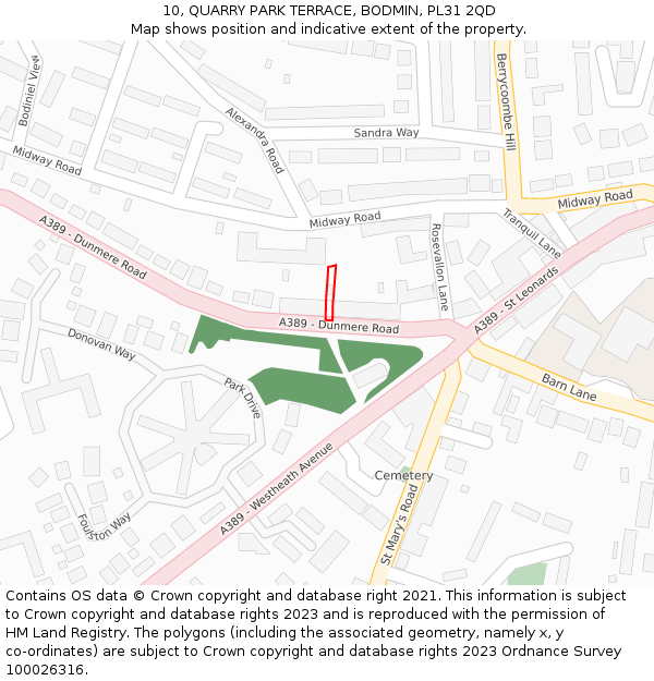 10, QUARRY PARK TERRACE, BODMIN, PL31 2QD: Location map and indicative extent of plot