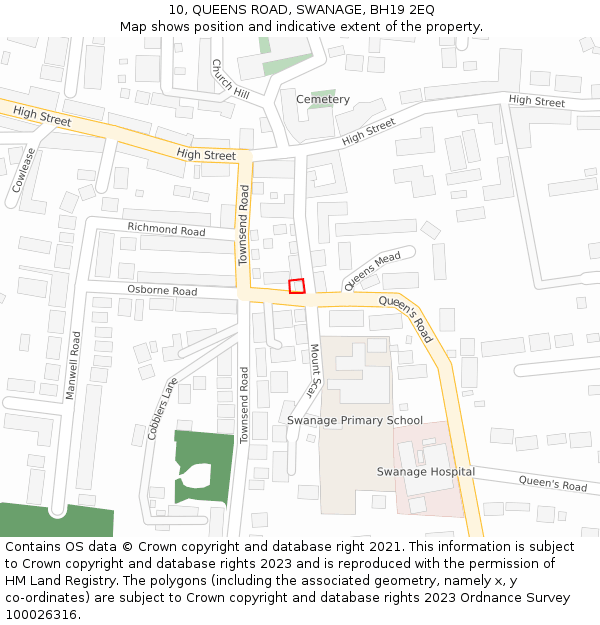 10, QUEENS ROAD, SWANAGE, BH19 2EQ: Location map and indicative extent of plot