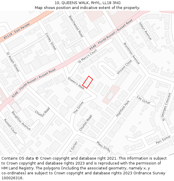 10, QUEENS WALK, RHYL, LL18 3NG: Location map and indicative extent of plot