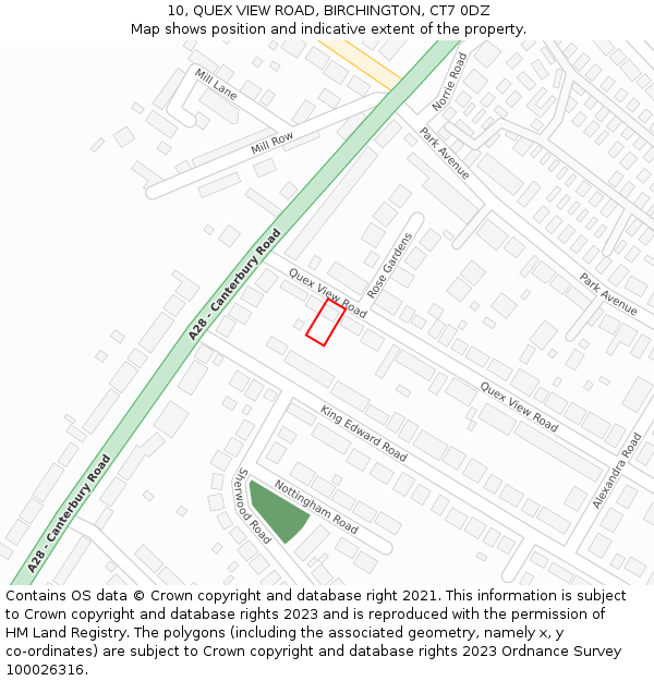 10, QUEX VIEW ROAD, BIRCHINGTON, CT7 0DZ: Location map and indicative extent of plot