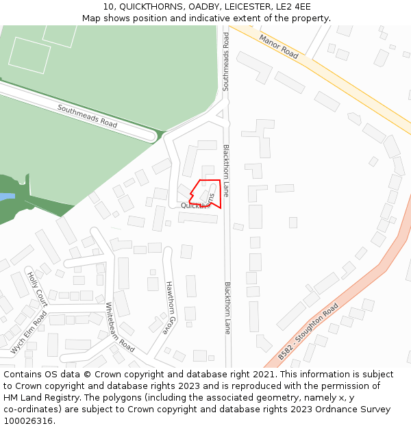10, QUICKTHORNS, OADBY, LEICESTER, LE2 4EE: Location map and indicative extent of plot
