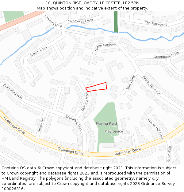 10, QUINTON RISE, OADBY, LEICESTER, LE2 5PN: Location map and indicative extent of plot