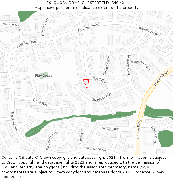 10, QUORN DRIVE, CHESTERFIELD, S40 4XH: Location map and indicative extent of plot