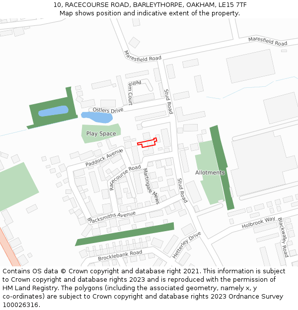 10, RACECOURSE ROAD, BARLEYTHORPE, OAKHAM, LE15 7TF: Location map and indicative extent of plot