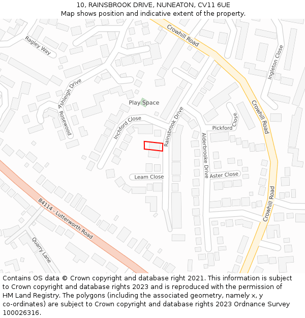 10, RAINSBROOK DRIVE, NUNEATON, CV11 6UE: Location map and indicative extent of plot