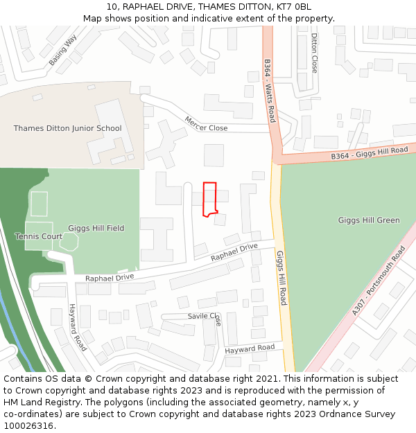 10, RAPHAEL DRIVE, THAMES DITTON, KT7 0BL: Location map and indicative extent of plot