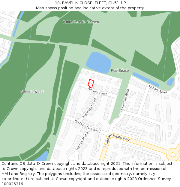 10, RAVELIN CLOSE, FLEET, GU51 1JP: Location map and indicative extent of plot