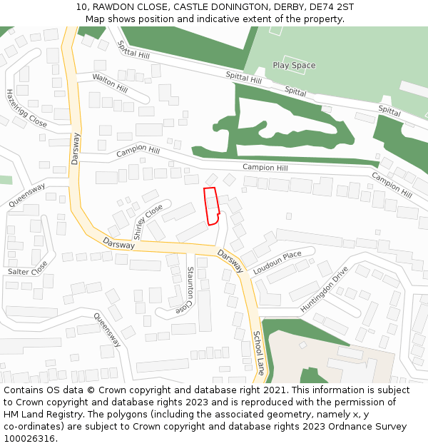 10, RAWDON CLOSE, CASTLE DONINGTON, DERBY, DE74 2ST: Location map and indicative extent of plot