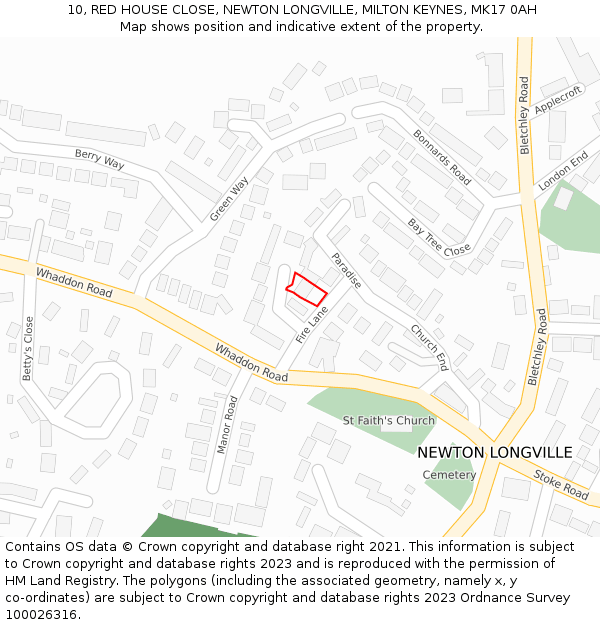10, RED HOUSE CLOSE, NEWTON LONGVILLE, MILTON KEYNES, MK17 0AH: Location map and indicative extent of plot