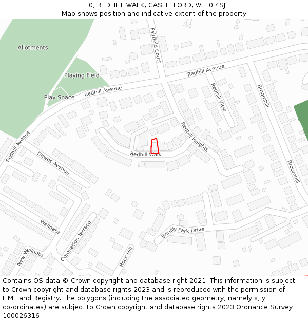 10, REDHILL WALK, CASTLEFORD, WF10 4SJ: Location map and indicative extent of plot