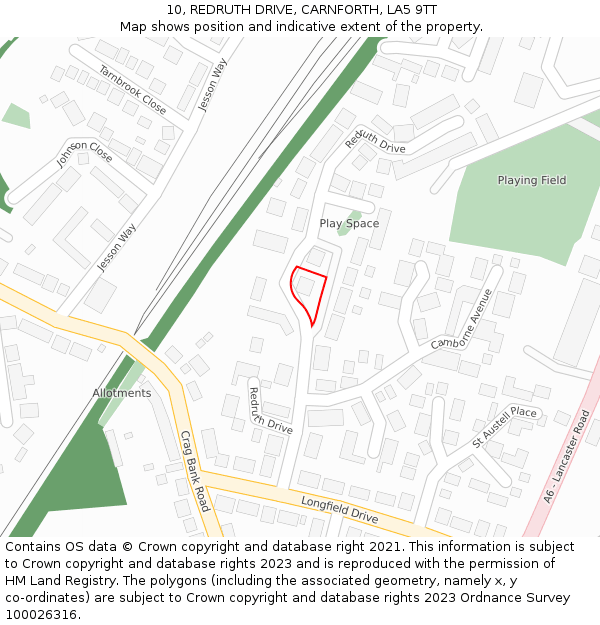 10, REDRUTH DRIVE, CARNFORTH, LA5 9TT: Location map and indicative extent of plot