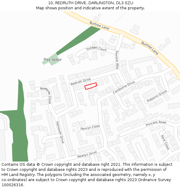 10, REDRUTH DRIVE, DARLINGTON, DL3 0ZU: Location map and indicative extent of plot