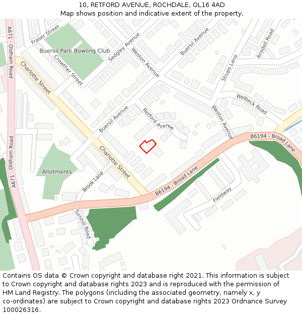 10, RETFORD AVENUE, ROCHDALE, OL16 4AD: Location map and indicative extent of plot