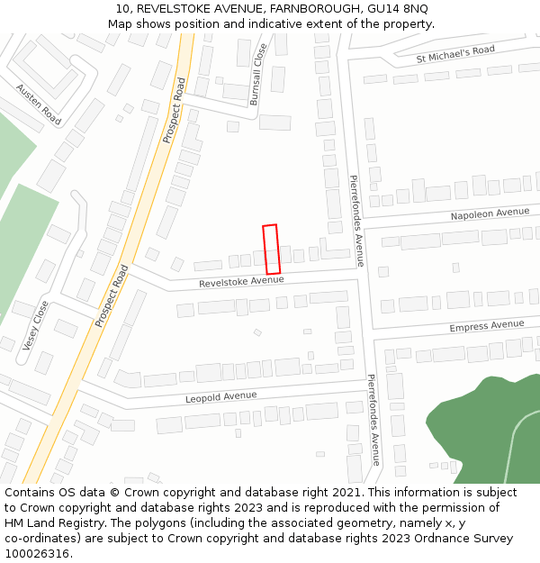 10, REVELSTOKE AVENUE, FARNBOROUGH, GU14 8NQ: Location map and indicative extent of plot