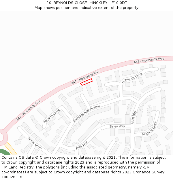 10, REYNOLDS CLOSE, HINCKLEY, LE10 0DT: Location map and indicative extent of plot
