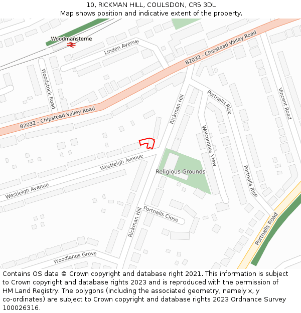 10, RICKMAN HILL, COULSDON, CR5 3DL: Location map and indicative extent of plot