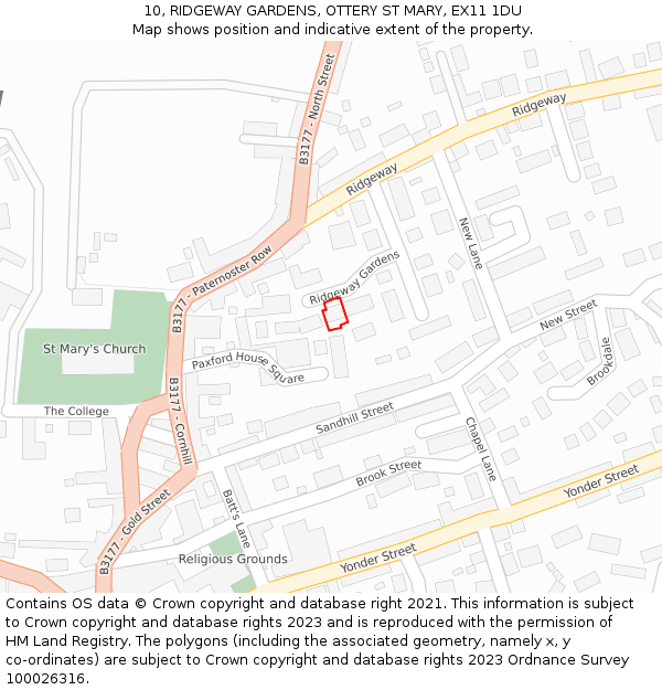 10, RIDGEWAY GARDENS, OTTERY ST MARY, EX11 1DU: Location map and indicative extent of plot