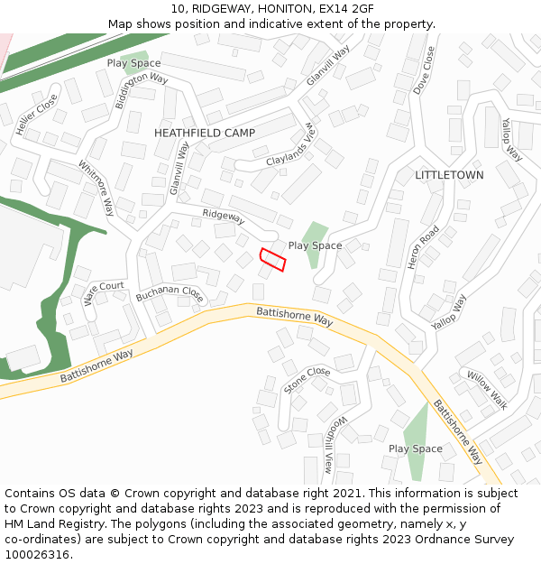 10, RIDGEWAY, HONITON, EX14 2GF: Location map and indicative extent of plot