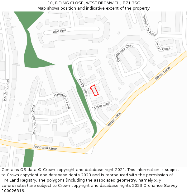 10, RIDING CLOSE, WEST BROMWICH, B71 3SG: Location map and indicative extent of plot
