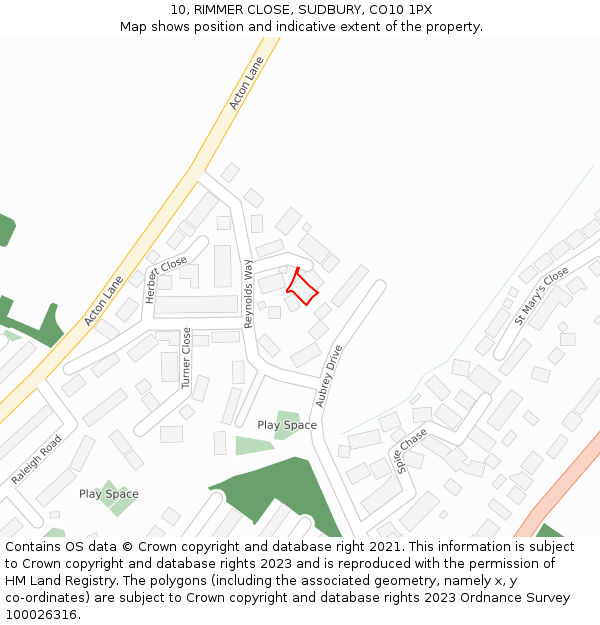 10, RIMMER CLOSE, SUDBURY, CO10 1PX: Location map and indicative extent of plot