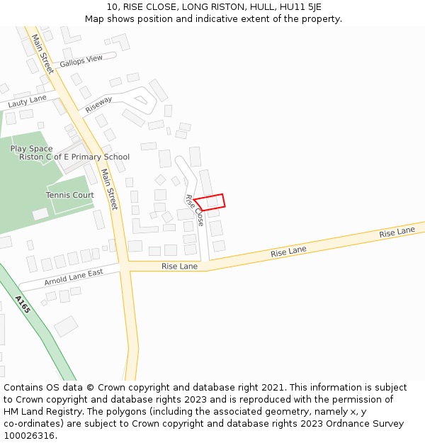 10, RISE CLOSE, LONG RISTON, HULL, HU11 5JE: Location map and indicative extent of plot