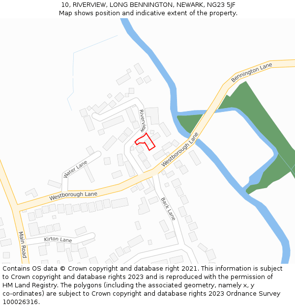 10, RIVERVIEW, LONG BENNINGTON, NEWARK, NG23 5JF: Location map and indicative extent of plot