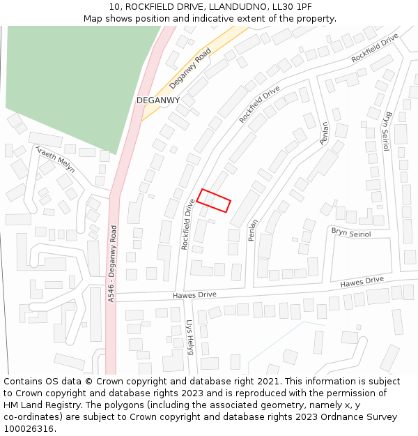 10, ROCKFIELD DRIVE, LLANDUDNO, LL30 1PF: Location map and indicative extent of plot