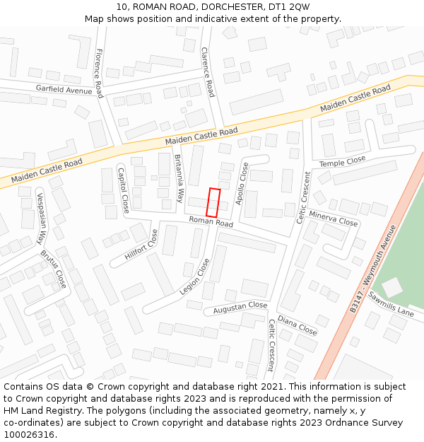 10, ROMAN ROAD, DORCHESTER, DT1 2QW: Location map and indicative extent of plot