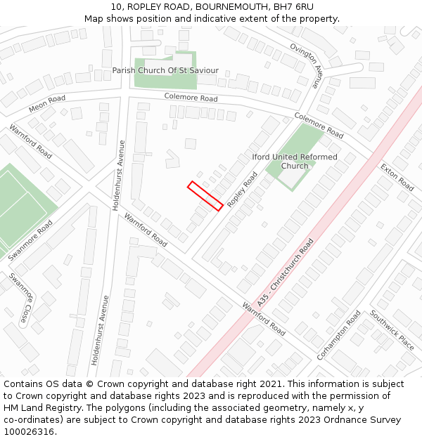10, ROPLEY ROAD, BOURNEMOUTH, BH7 6RU: Location map and indicative extent of plot