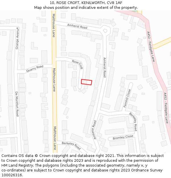 10, ROSE CROFT, KENILWORTH, CV8 1AF: Location map and indicative extent of plot