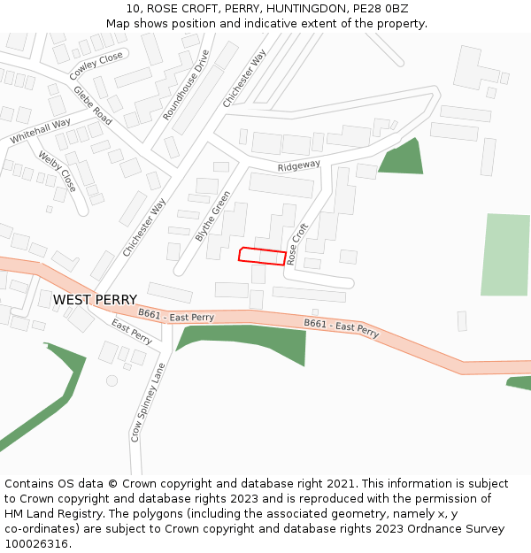 10, ROSE CROFT, PERRY, HUNTINGDON, PE28 0BZ: Location map and indicative extent of plot