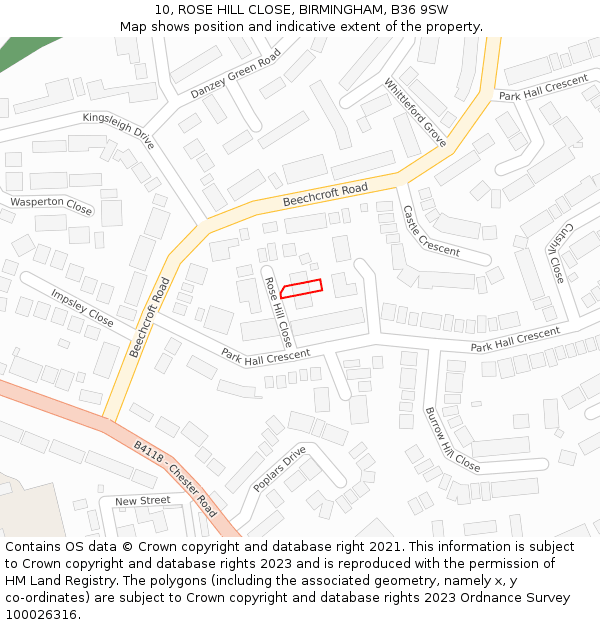 10, ROSE HILL CLOSE, BIRMINGHAM, B36 9SW: Location map and indicative extent of plot