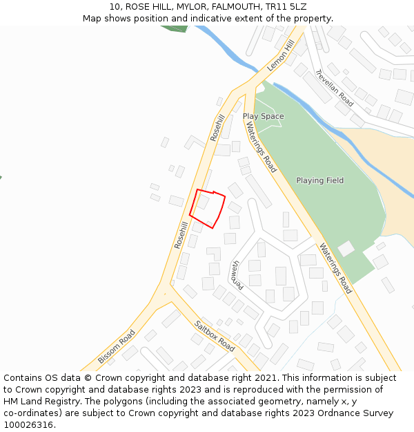 10, ROSE HILL, MYLOR, FALMOUTH, TR11 5LZ: Location map and indicative extent of plot