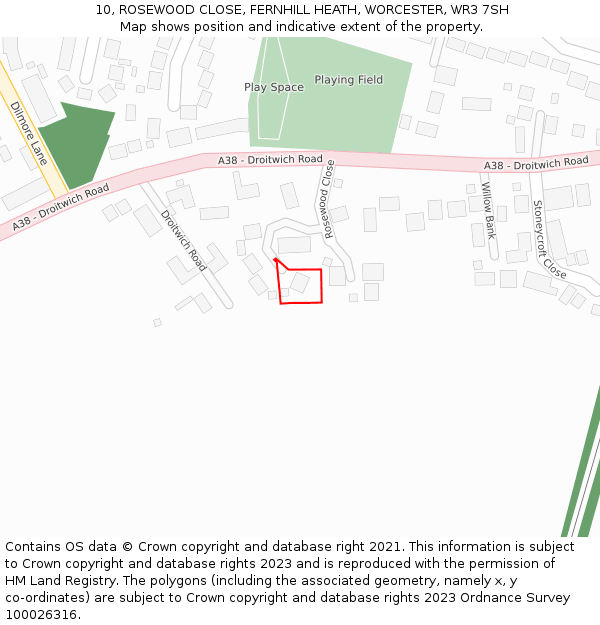 10, ROSEWOOD CLOSE, FERNHILL HEATH, WORCESTER, WR3 7SH: Location map and indicative extent of plot