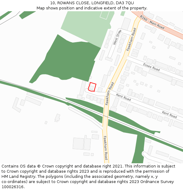 10, ROWANS CLOSE, LONGFIELD, DA3 7QU: Location map and indicative extent of plot