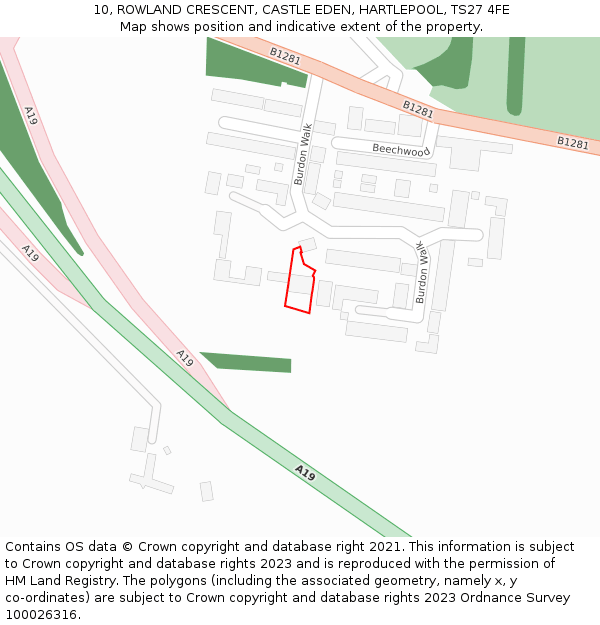 10, ROWLAND CRESCENT, CASTLE EDEN, HARTLEPOOL, TS27 4FE: Location map and indicative extent of plot