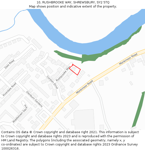 10, RUSHBROOKE WAY, SHREWSBURY, SY2 5TQ: Location map and indicative extent of plot