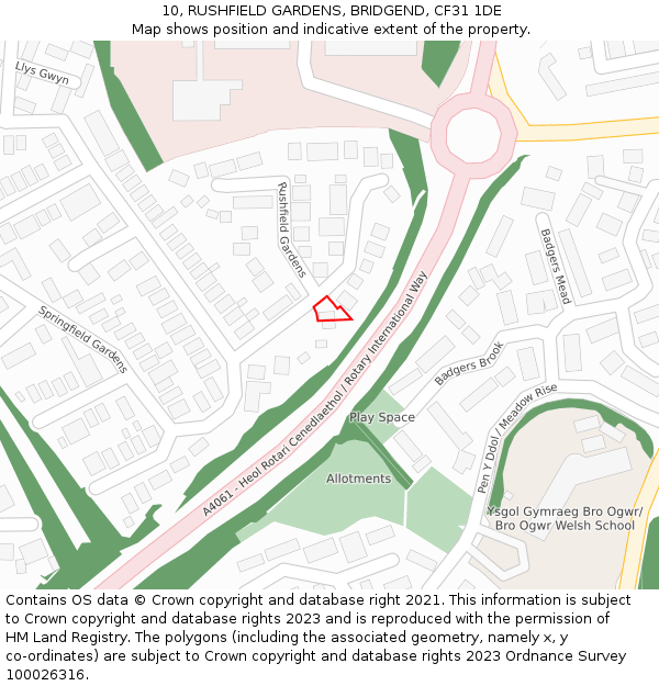 10, RUSHFIELD GARDENS, BRIDGEND, CF31 1DE: Location map and indicative extent of plot