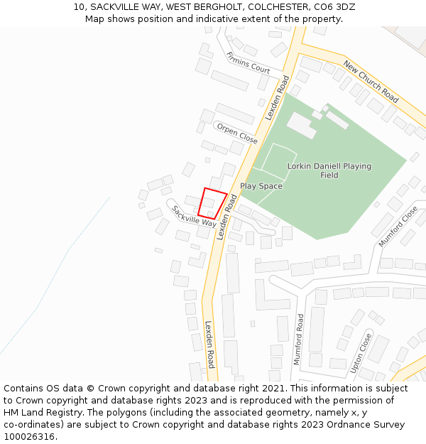 10, SACKVILLE WAY, WEST BERGHOLT, COLCHESTER, CO6 3DZ: Location map and indicative extent of plot