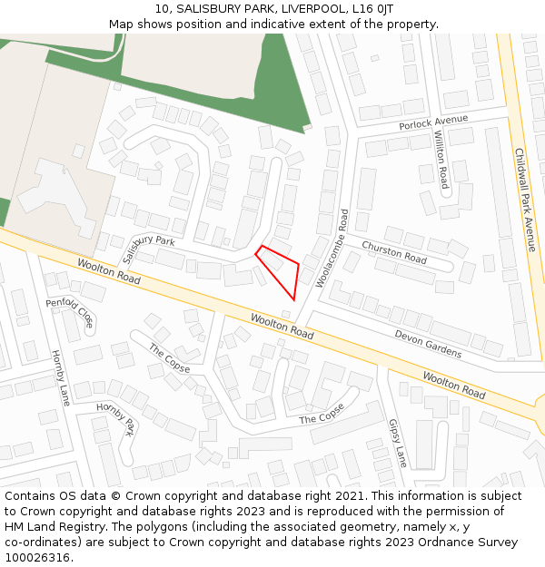 10, SALISBURY PARK, LIVERPOOL, L16 0JT: Location map and indicative extent of plot