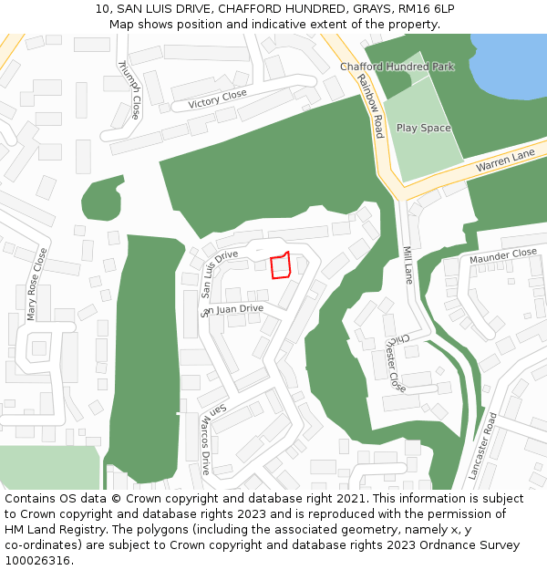 10, SAN LUIS DRIVE, CHAFFORD HUNDRED, GRAYS, RM16 6LP: Location map and indicative extent of plot