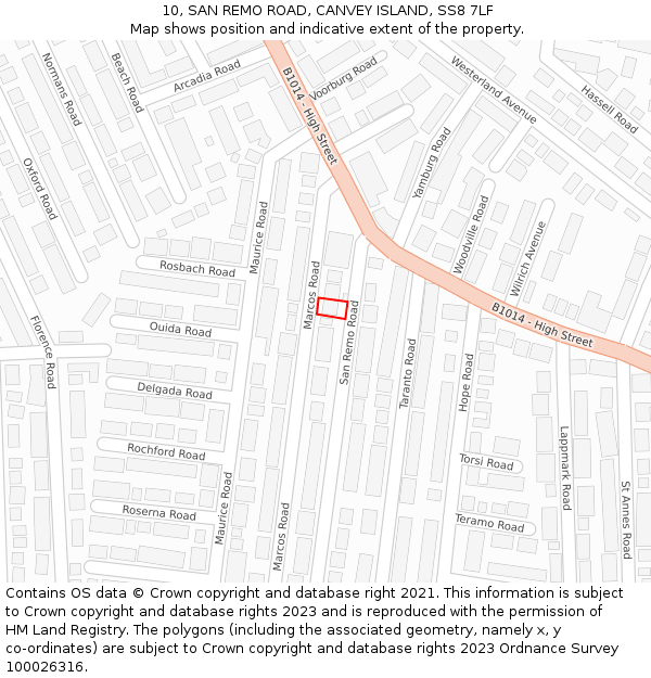 10, SAN REMO ROAD, CANVEY ISLAND, SS8 7LF: Location map and indicative extent of plot