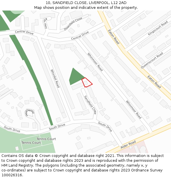 10, SANDFIELD CLOSE, LIVERPOOL, L12 2AD: Location map and indicative extent of plot